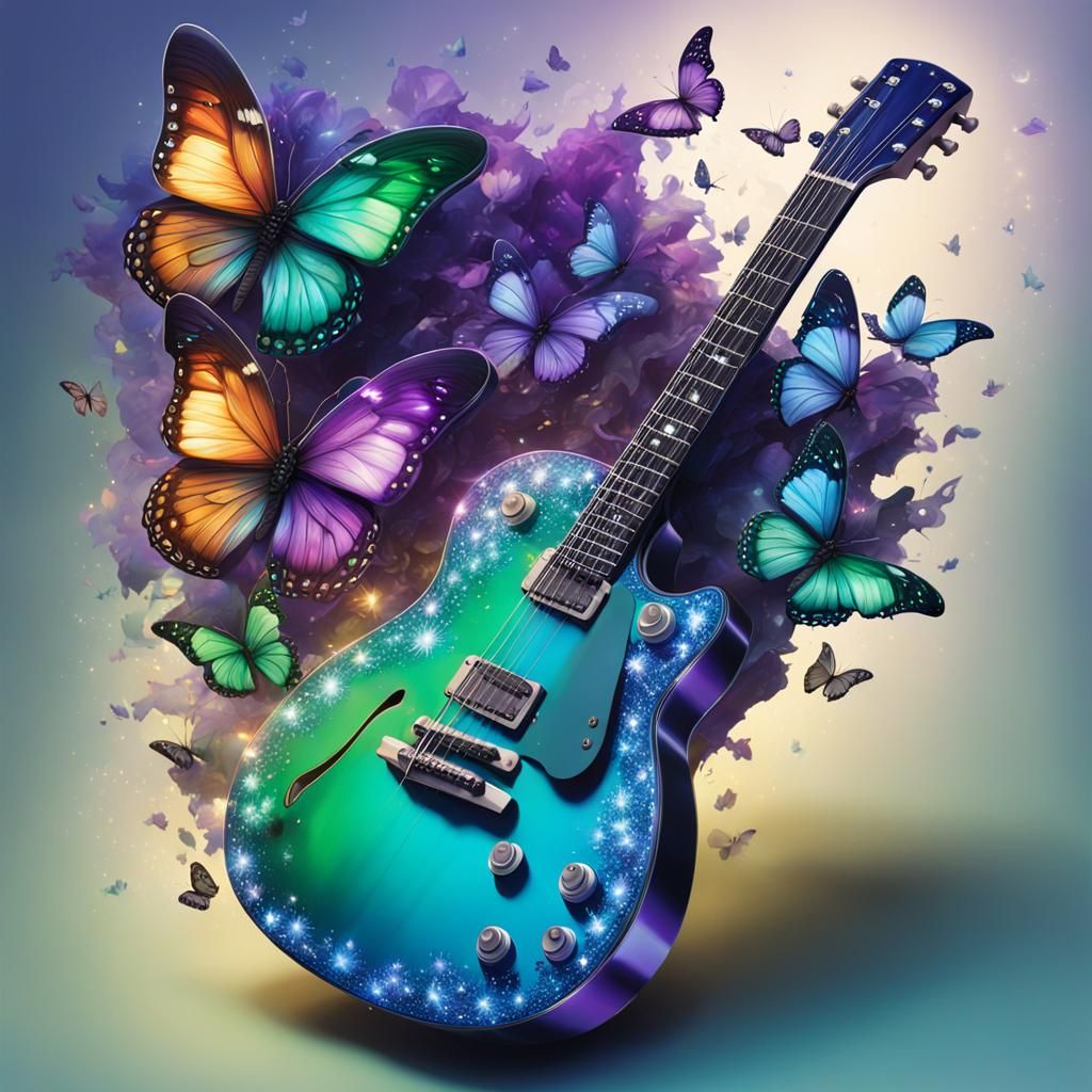 Intricately Detailed Guitar with Butterflies in Splash Art