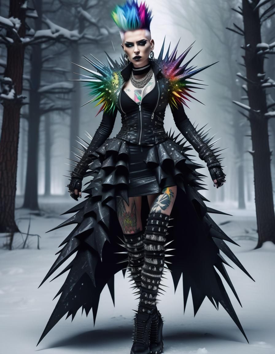 Metalhead Woman in Snowy Forest at Night