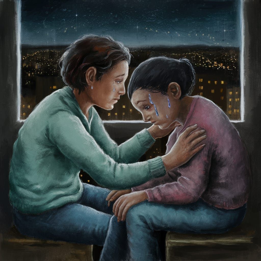 Heartfelt Comfort in Cityscape Painting