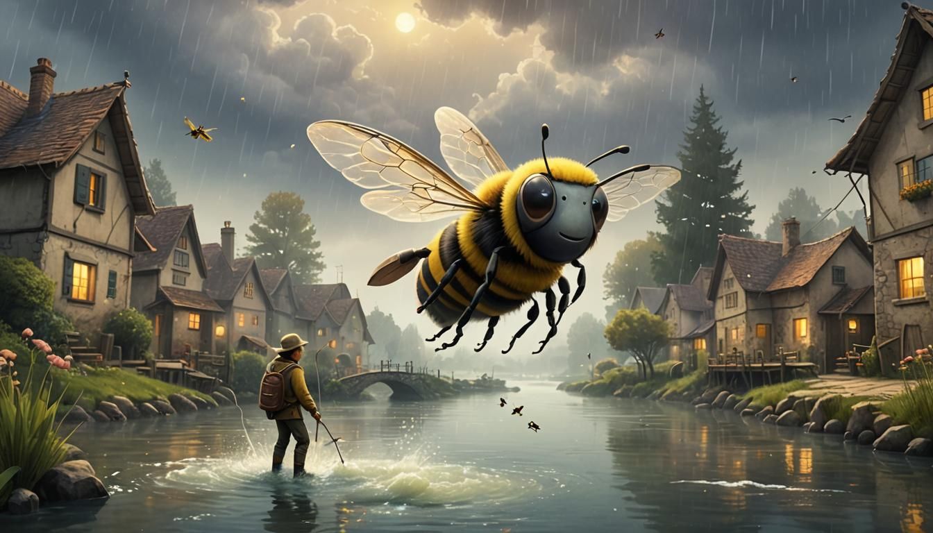 Surreal Bee Fisherman in Village, Pixar Style