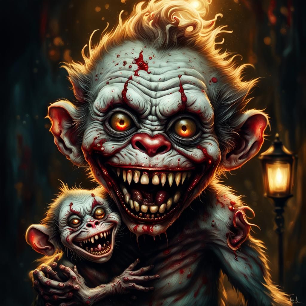 Grotesque Zombie Monkey Clown Baby Portrait