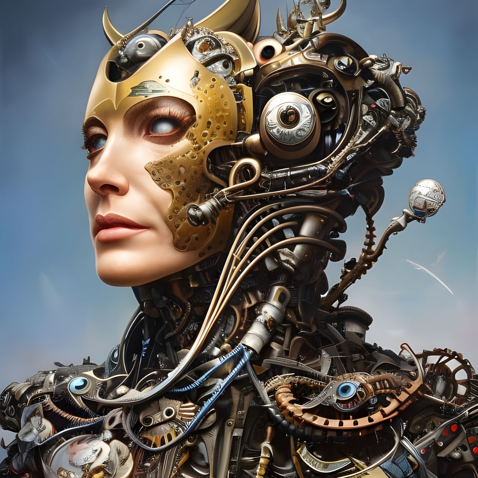 Two-Faced Biomechanical Cyborg in Photorealistic Style