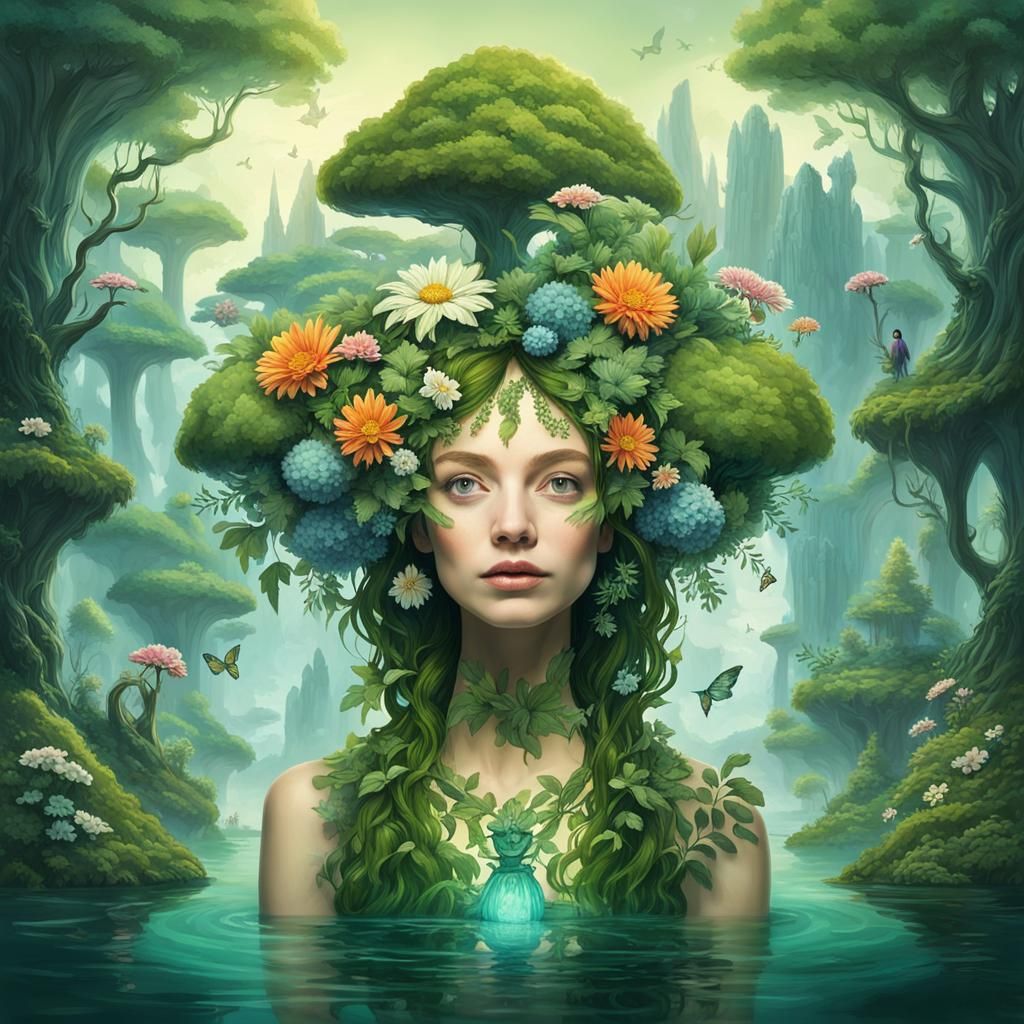Woman with Floral Hair in Fantasy Forest