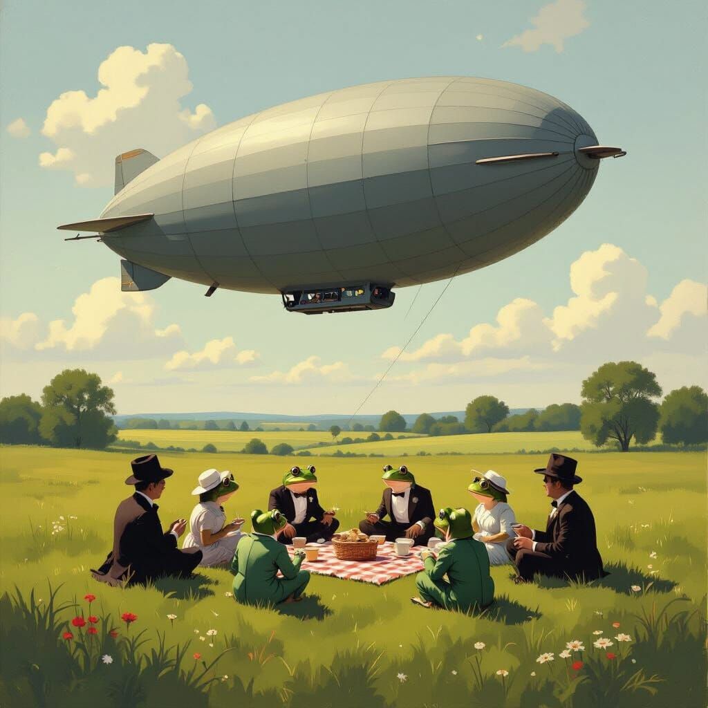 Frogs' Vintage Picnic Under Zeppelin in Hopper Style
