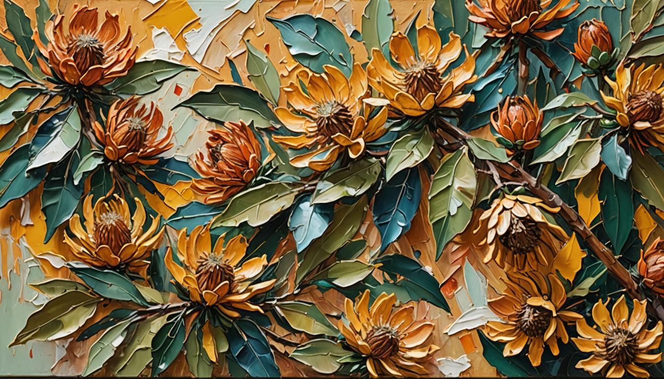 Expressive Banksia Flowers in Thick Impasto Oil Painting