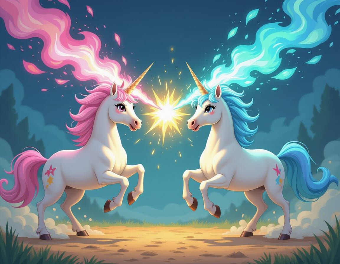 Unicorns Magic Fight in Hyperrealistic 2D Art