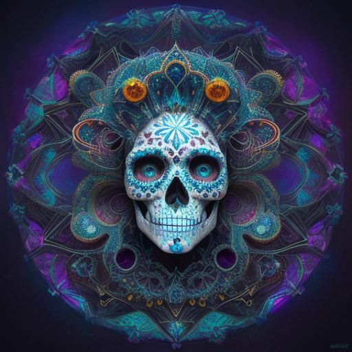 Intricate Fractal Mosaic of a Surreal Sugar Skull