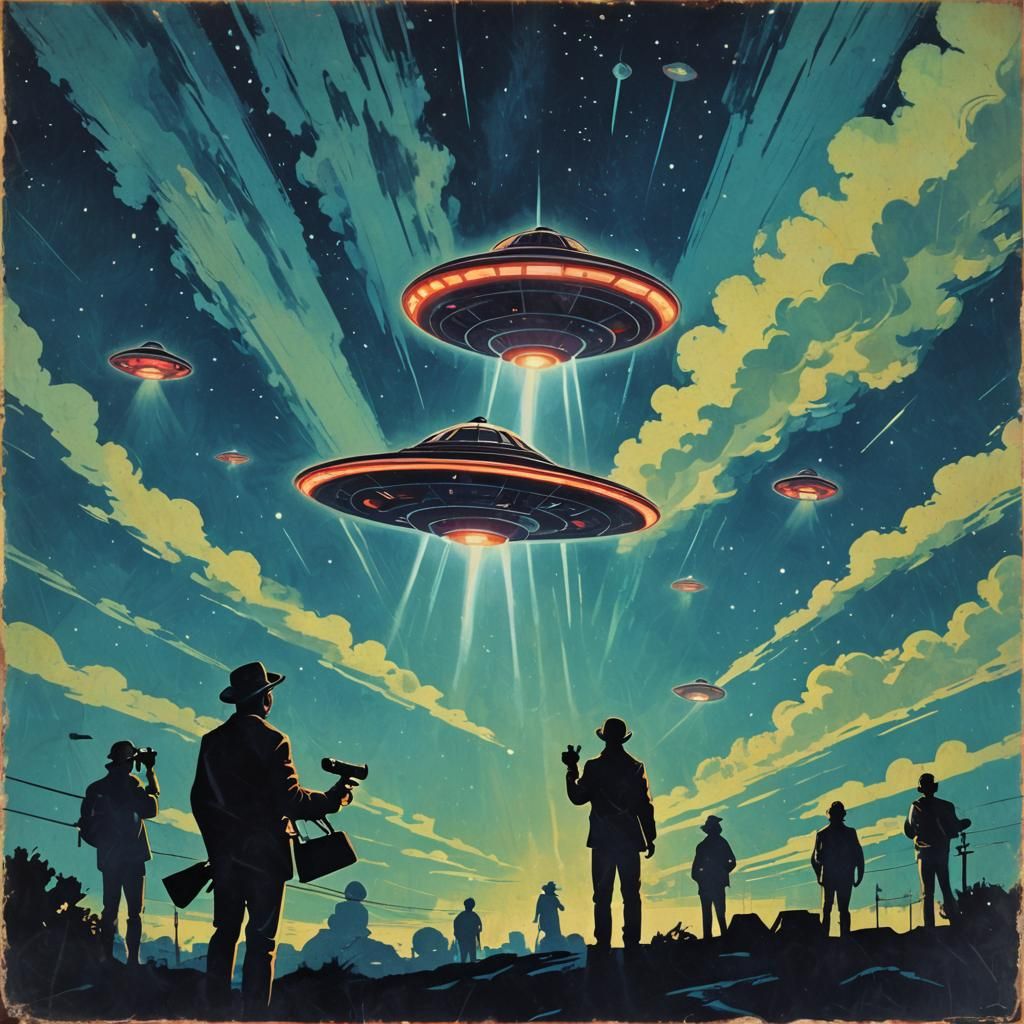 Retro-Futuristic Stencil Art of UFO Night Watch