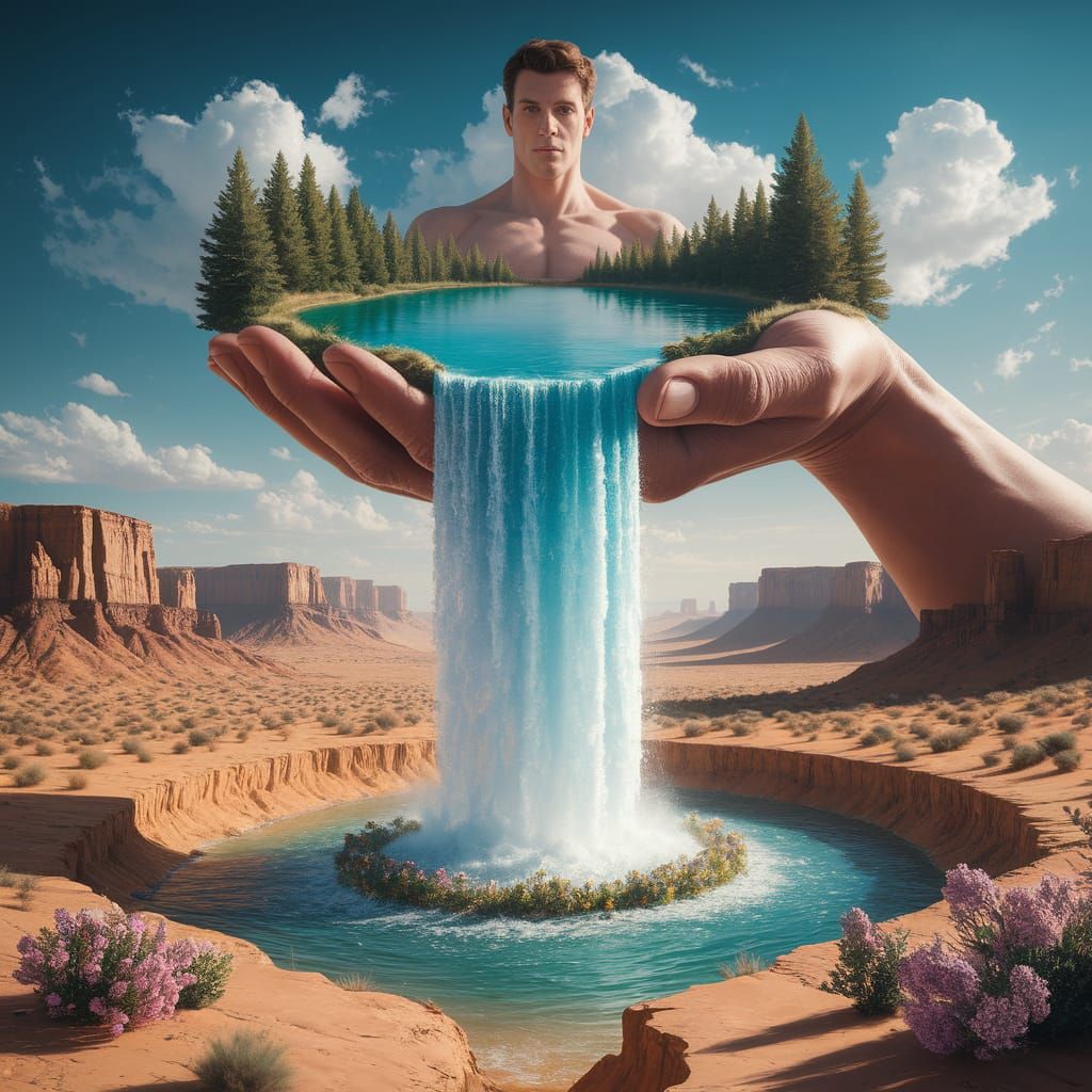 Surreal Waterfall Blooms in Desert Landscape