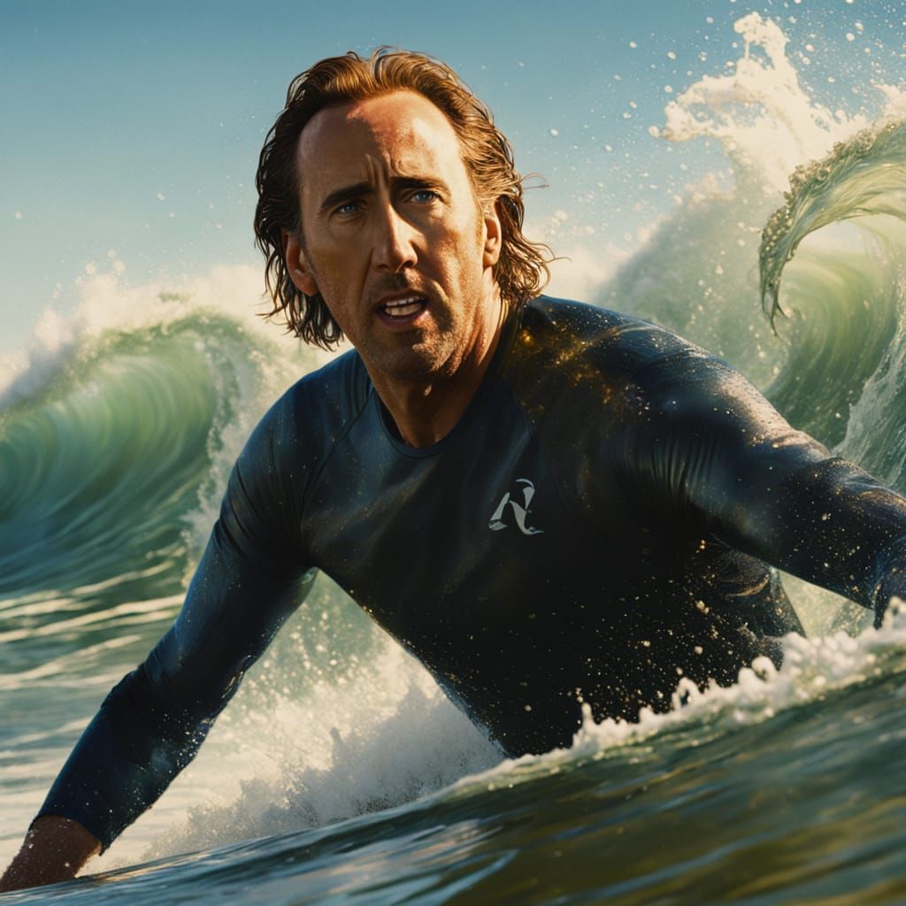 Nicholas Cage Surfing: Vibrant Oil Painting Beach Scene