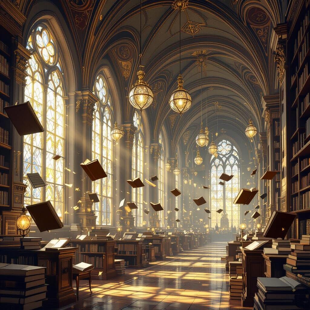 Ancient Library with Floating Books and Ethereal Light
