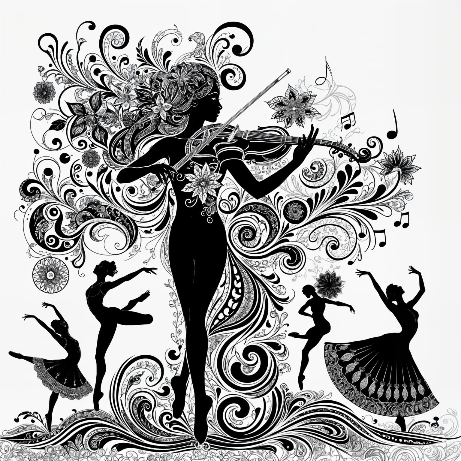 Intricate Black-and-White Silhouette of Diverse Dancers in H...