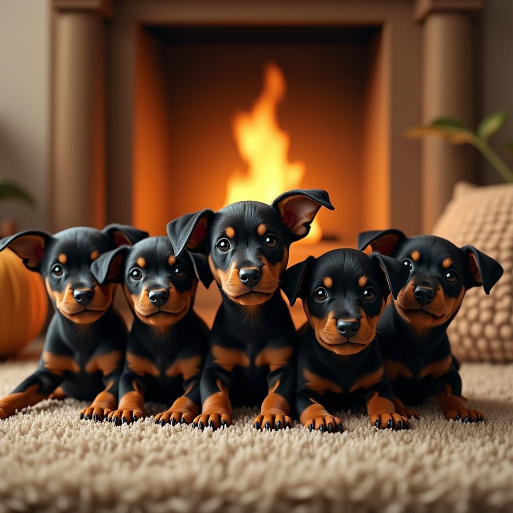 Cute Doberman Puppies Gather Around Cozy Fireplace