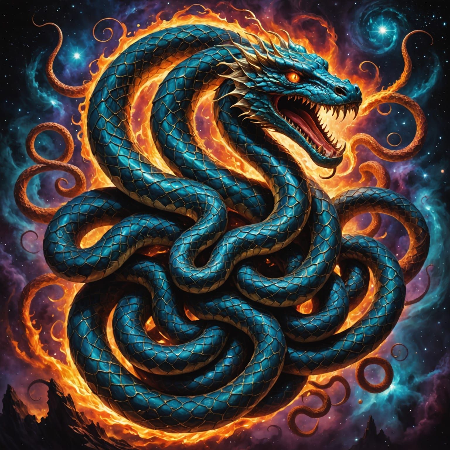 Cosmic Nine-Headed Serpent Devouring Gods in Surreal Dark Fa...