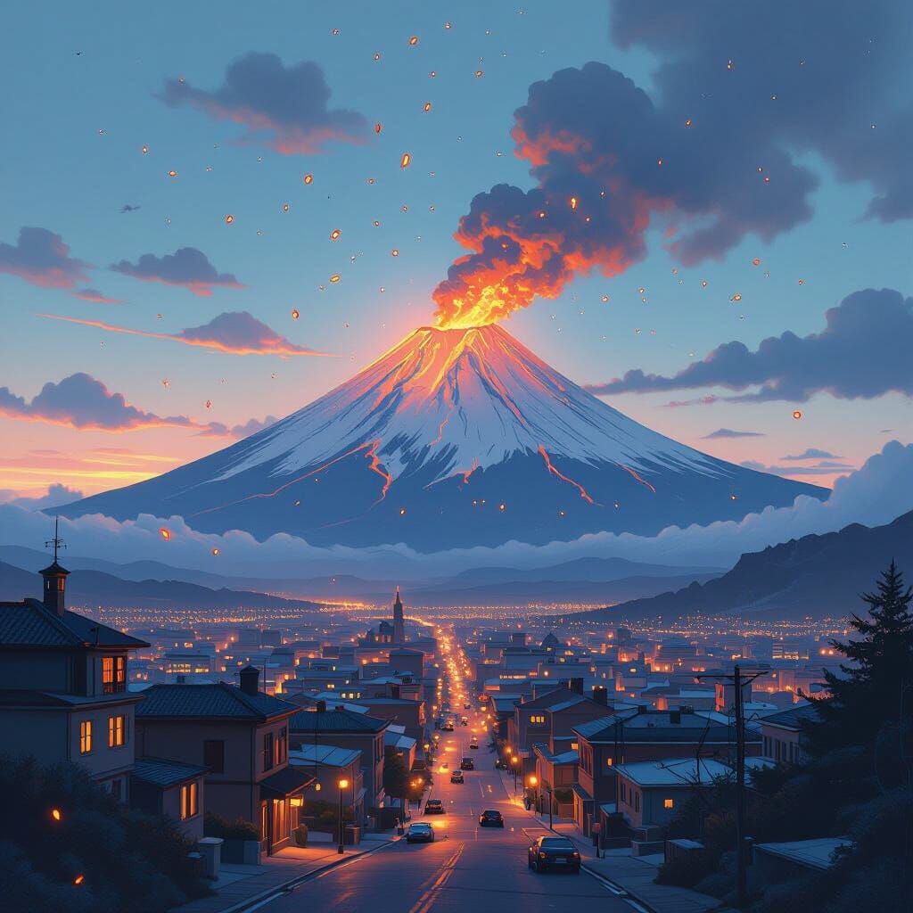Erupting Volcano Over Cityscape in Digital Painting Style