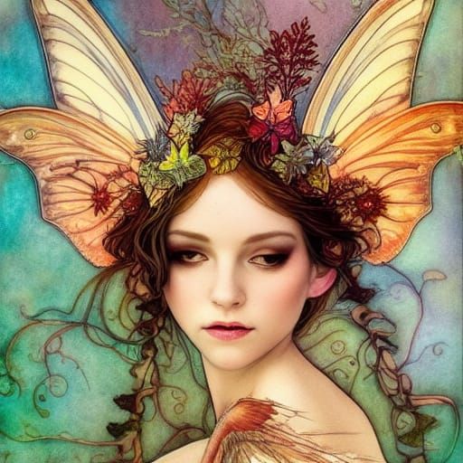Autumn Fairy Portrait in Mucha-Inspired Collage Style