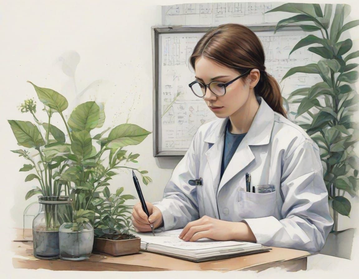 Girl Observes Plant in Laboratory - Watercolor Concept Art