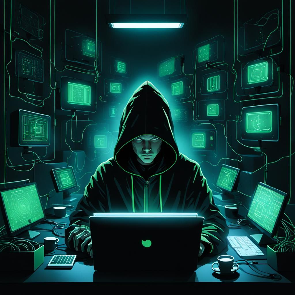 Hacker Surrounded by Screens in Dark Academia Style