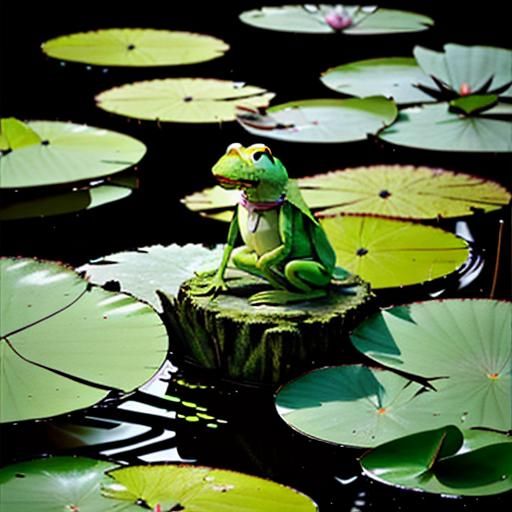 Kermit perched upon a water lily in a serene pond, his emera...
