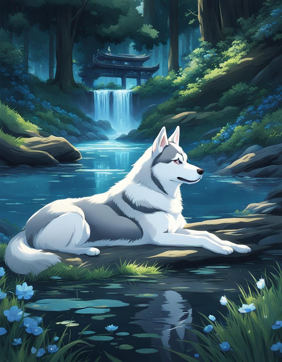 Relaxing Siberian Husky in Anime Style