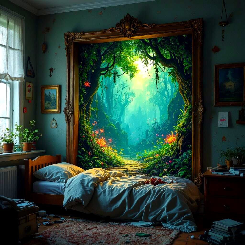 Mythical Forest Portal in Messy Bedroom, 3D Frame