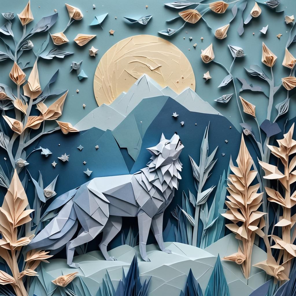 Origami Wolf Howling Under Blue Moon