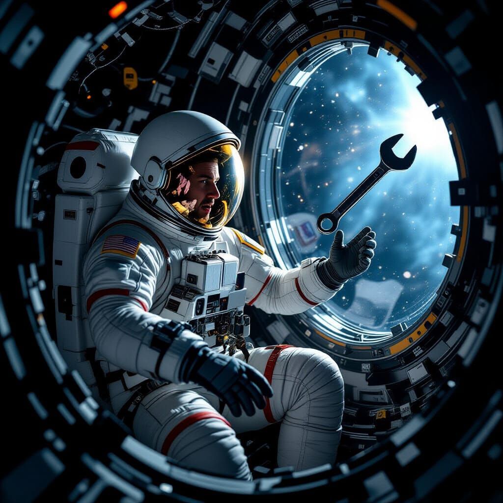 Astronaut's Desperate Grasp for Floating Spanner in Space