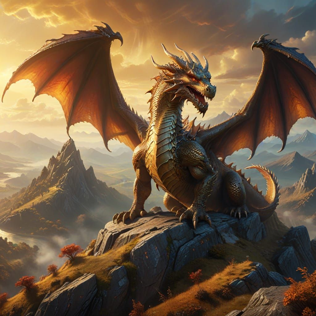 Majestic Dragon on Mountain in Golden Light
