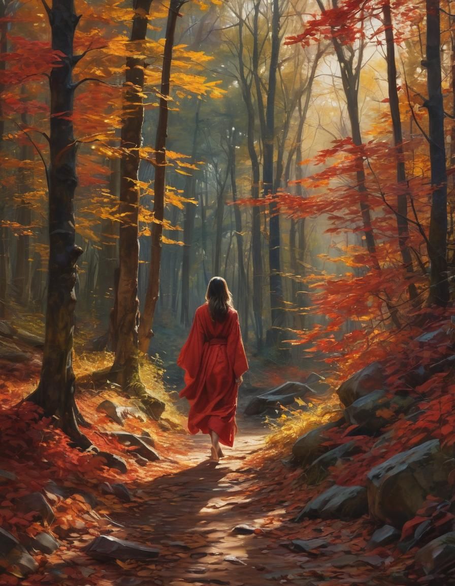 Mystical Autumn Forest: A Vibrant Oil Painting