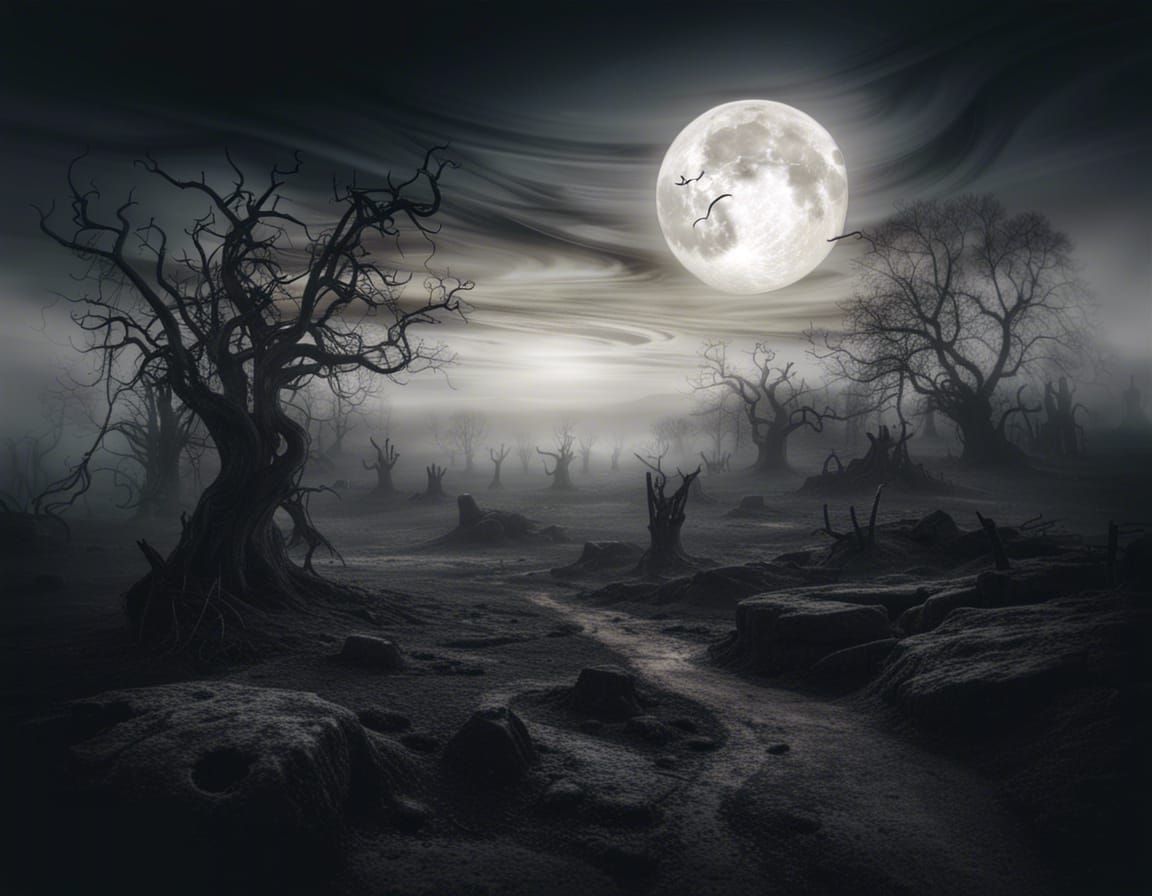 Ghostly Moonrise Over Desolate Halloween Landscape
