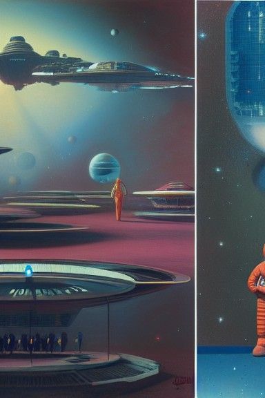 Space People in Brutalist Stations, Retro Sci-Fi Art