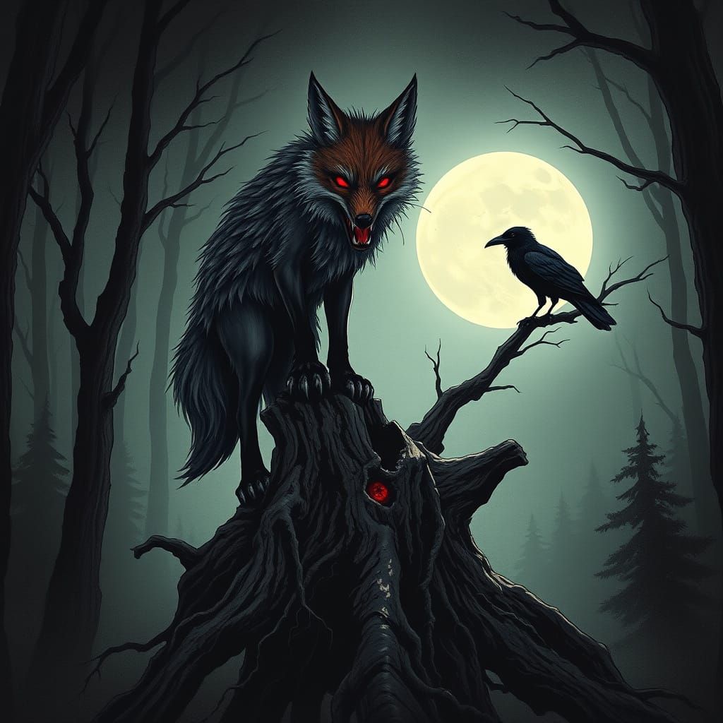 Sinister Fox in Dark Forest Under Full Moon