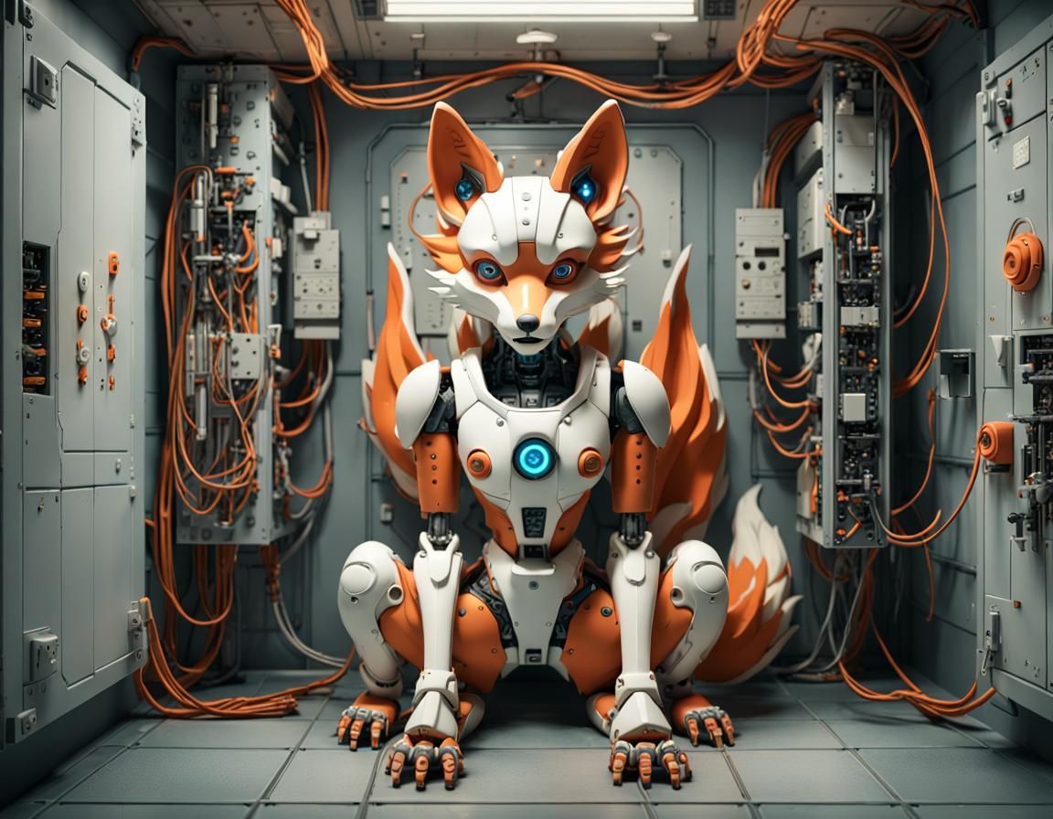 Robotic Kitsune in Cyberpunk Asylum: Detailed 3D Render