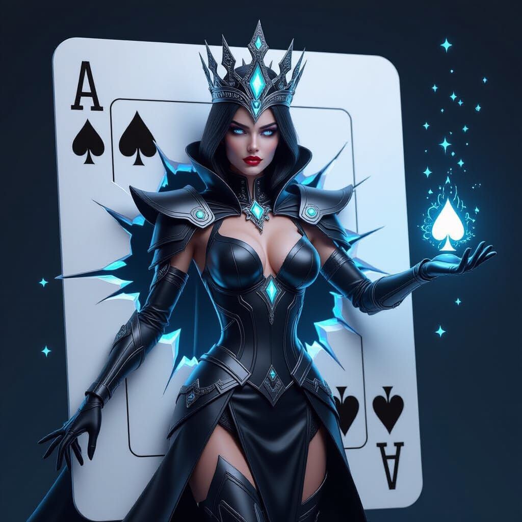 Futuristic Queen of Spades Emerges from Playing Card