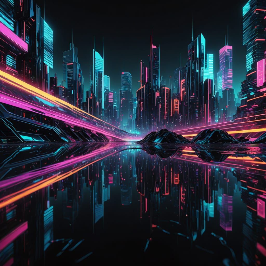 Surreal Cityscape Reflected in Chrome Waves