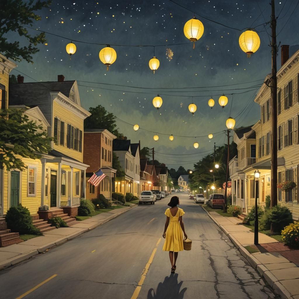 Colonial American Town at Night with Fireworks