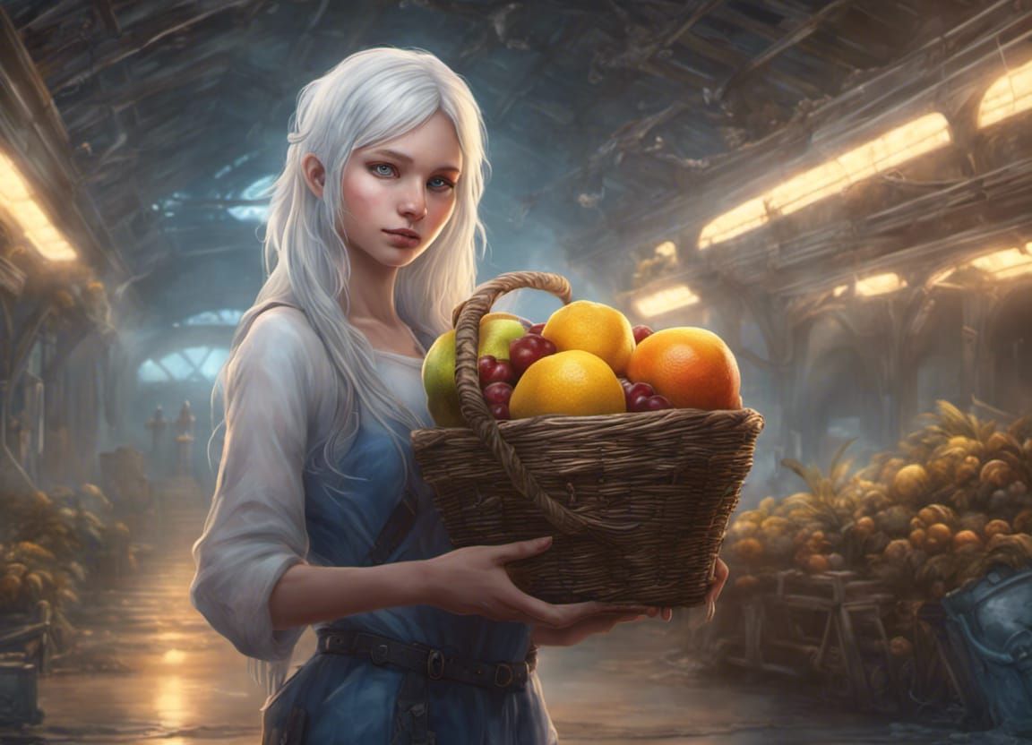 Girl With Glowing Fruit Basket in Hangar, Digital Art