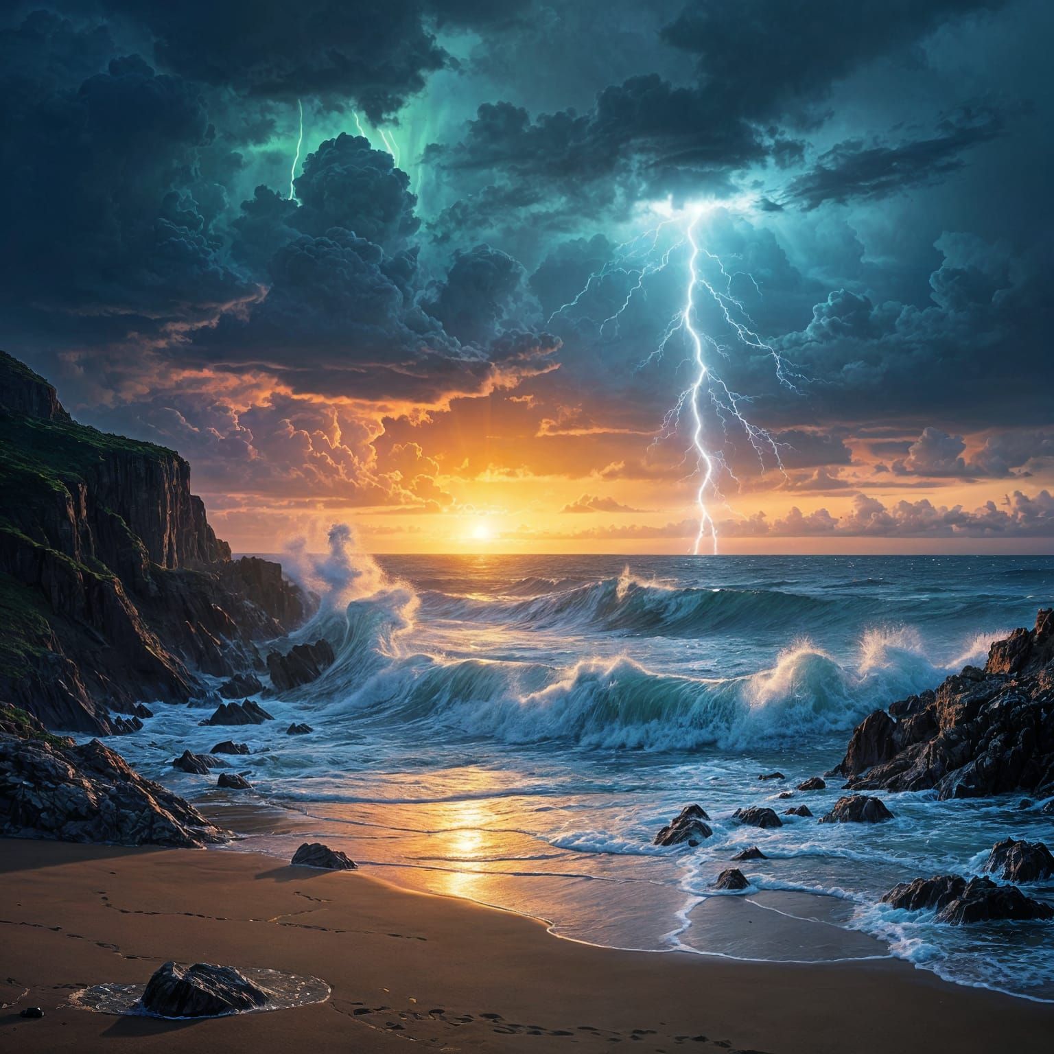 Stormy Sci-Fi Seascape at Sunset: Digital Painting