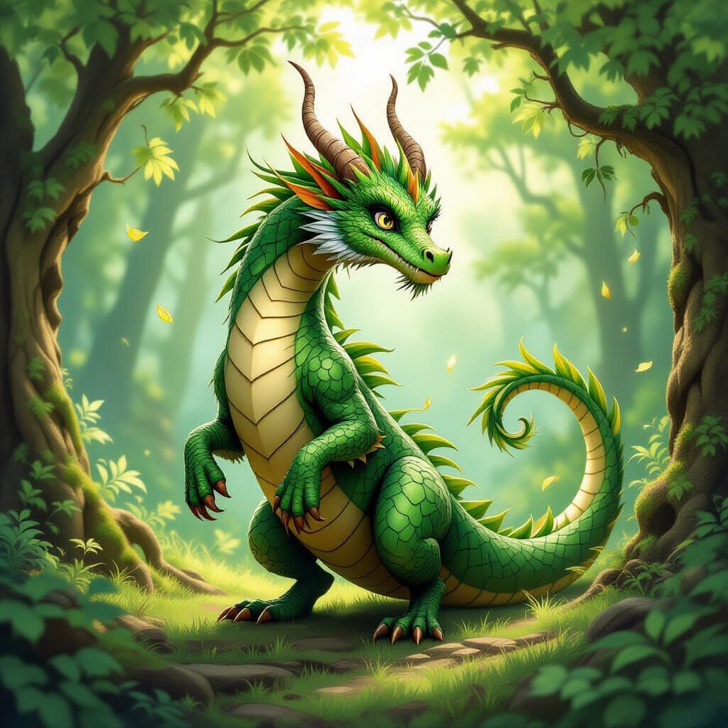 Majestic Green Dragon Dancing in Sunlit Forest Clearing