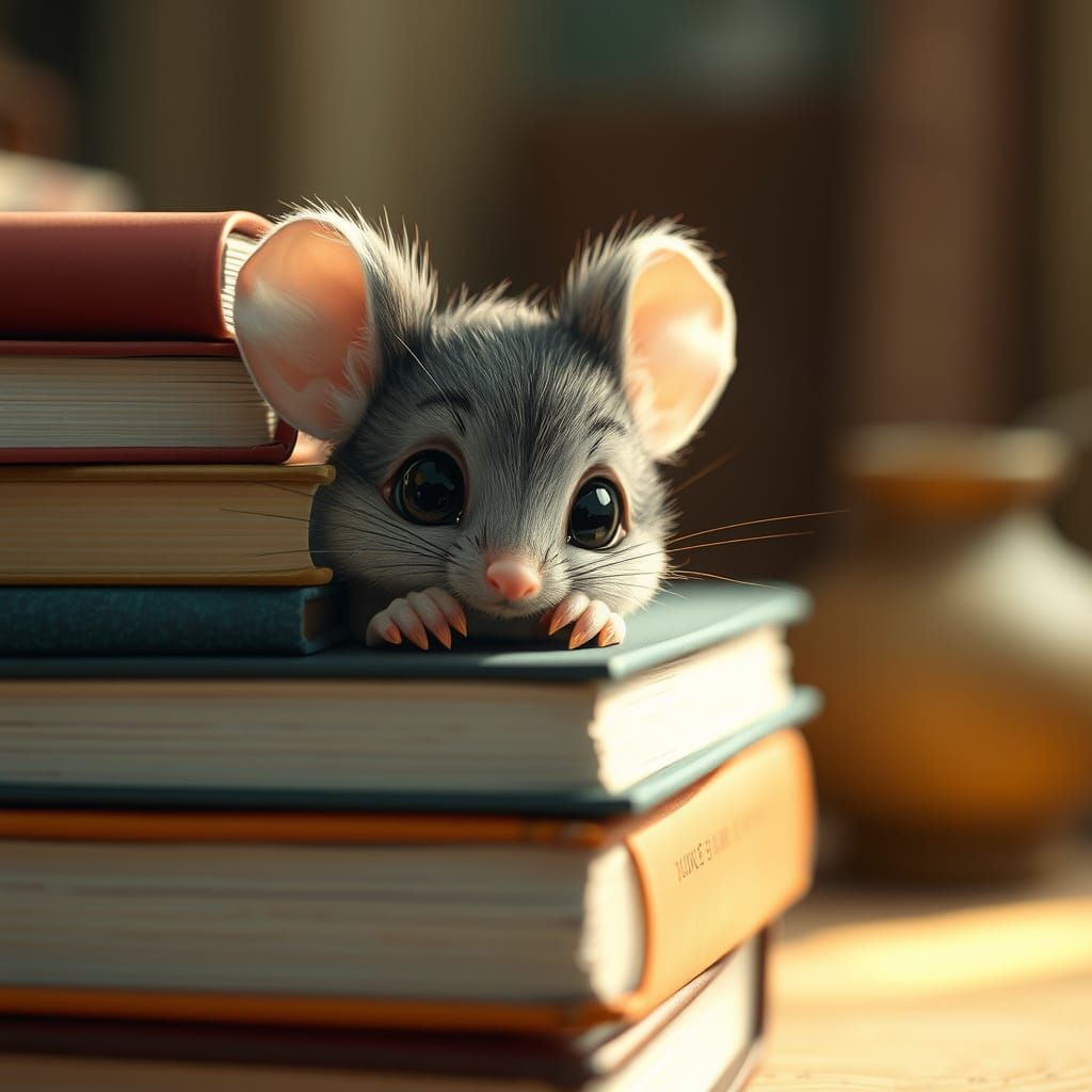 Shy Mouse Cartoon Peeking from Books