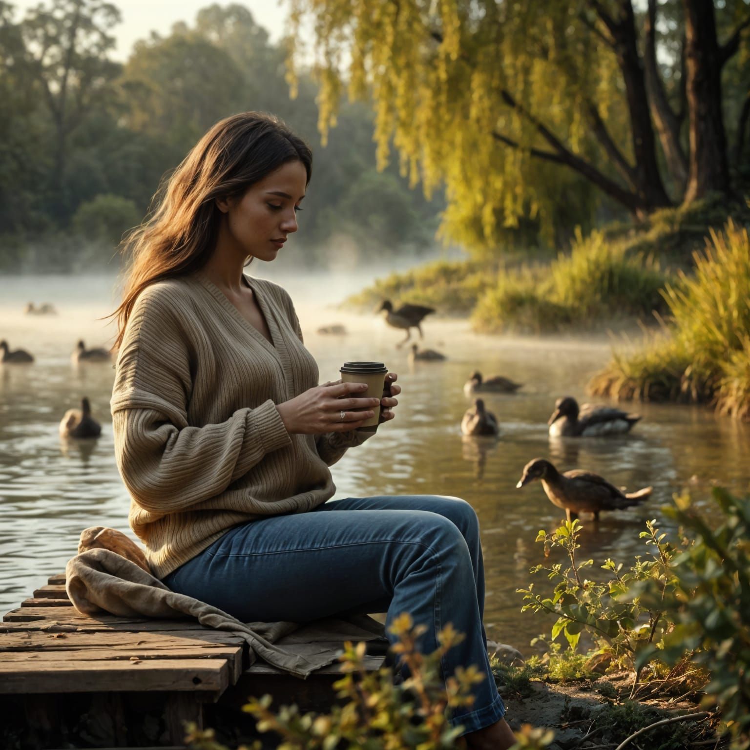 A Woman's Serene Morning in Hyper-Realistic Landscape