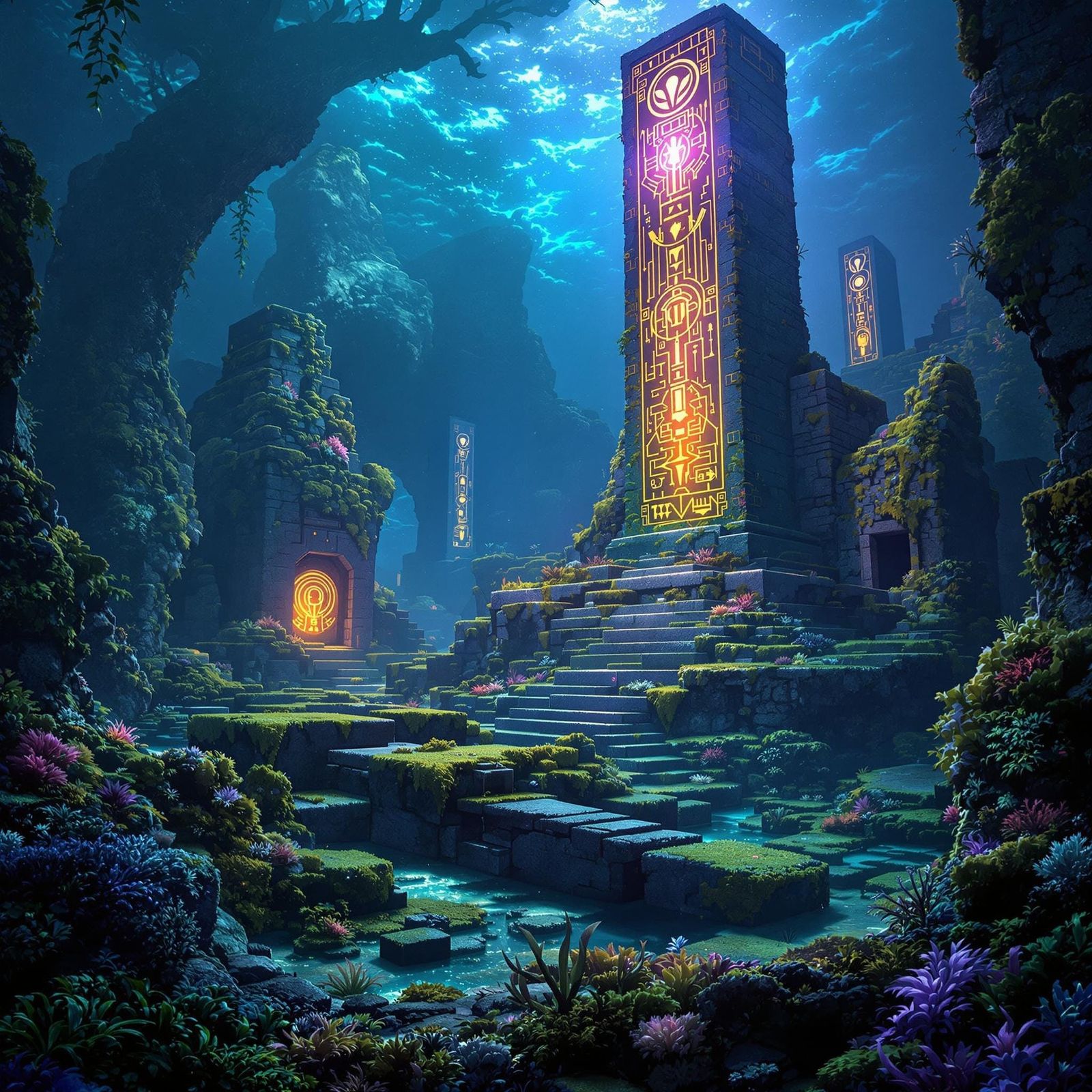 Submerged Atlantean Ruins with Glowing Monoliths
