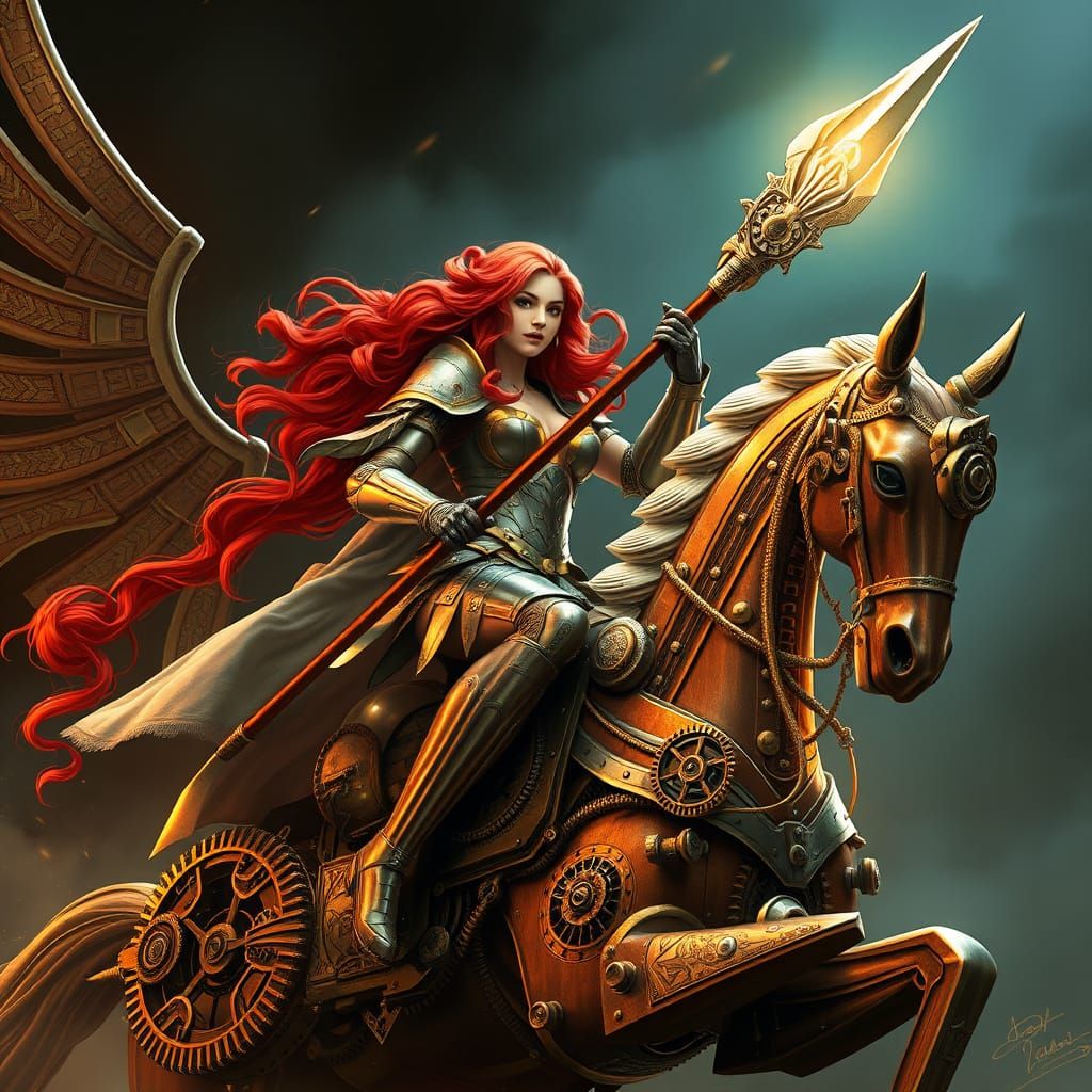 Valkyrie Rides Clockwork Warhorse in Sci-Fi Asgard