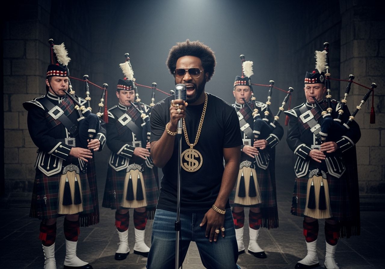 Rapper and Bagpipers on Stage Fusion