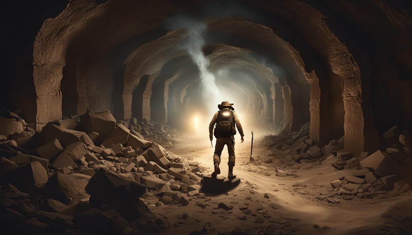 Explorer Crawling Through Ruined Tunnel in Horror Style