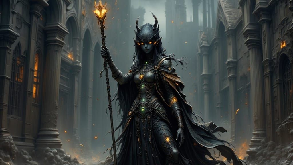 Surreal Alien Goddess in Lava-Lit Castle Courtyard