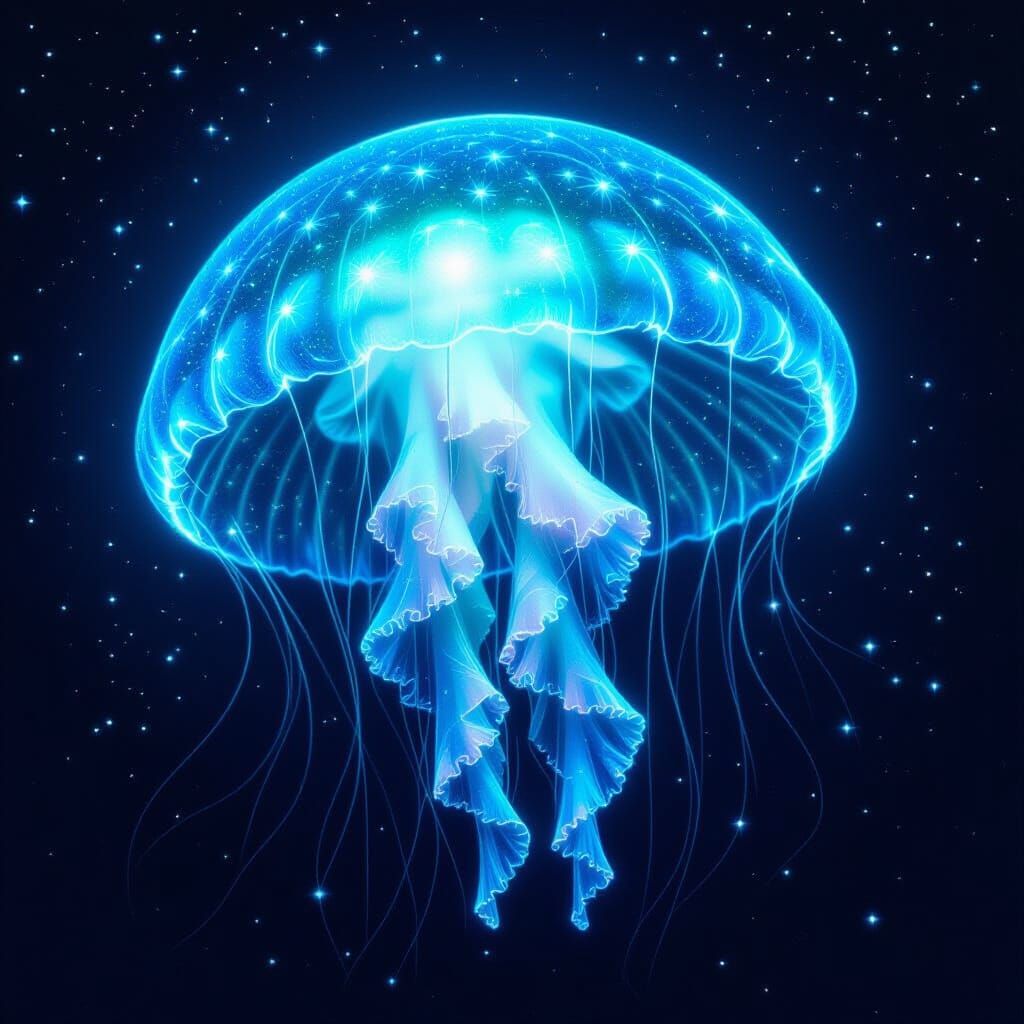 Bioluminescent Jellyfish Drifting Through Starry Space