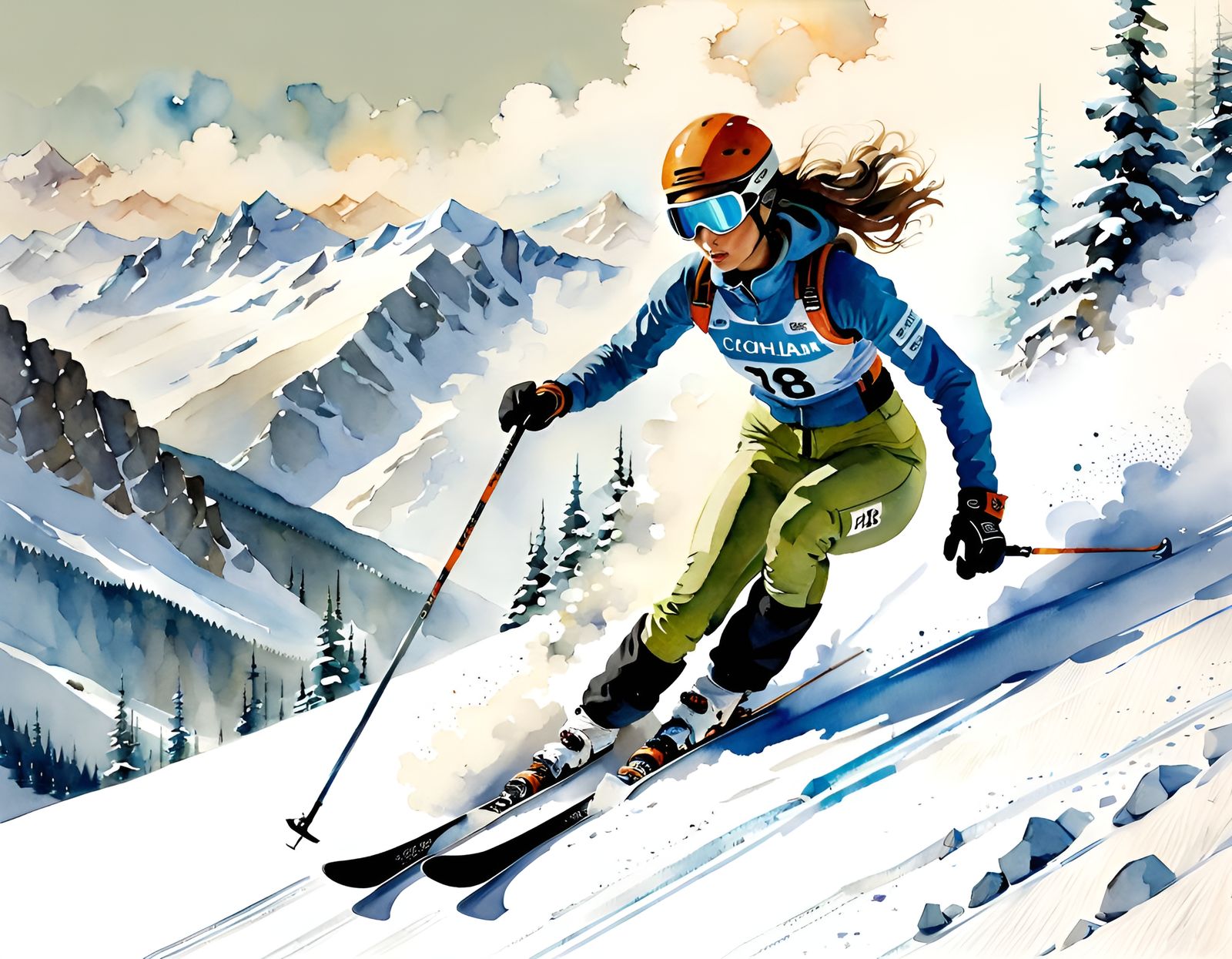 Canadian Skier Racing in Rocky Mountains Watercolor