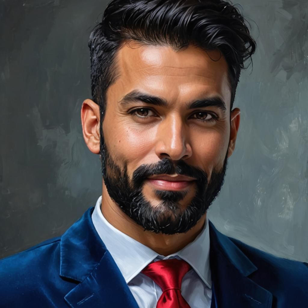 Elegant Man in Blue Velvet Suit, Expressionist Portrait