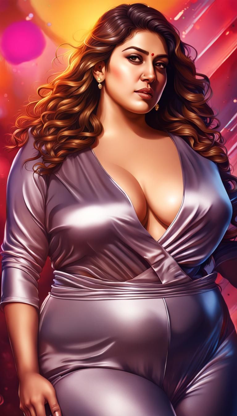 Curvy Woman in Satin Jumpsuit, Hyperrealistic Art